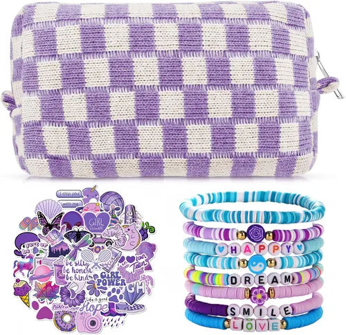 Miniatura 12 de Set de bolsa de maquillaje a cuadros Preppy con 7 pulseras Heishi y 50 pegatinas rosas, linda bolsa de viaje para cosméticos, regalos perfectos