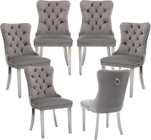 Miniatura 49 de LKTART Juego de 2 sillas de comedor de terciopelo, sillas de comedor copetudas con ribete de anillo de clavo, silla de comedor tapizada con patas