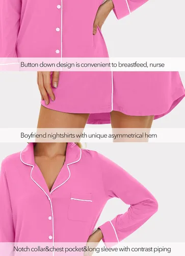 Miniatura 3 de WiWi Camisones para mujer, viscosa de bambú, suave, manga larga, camisa de dormir S-XXL