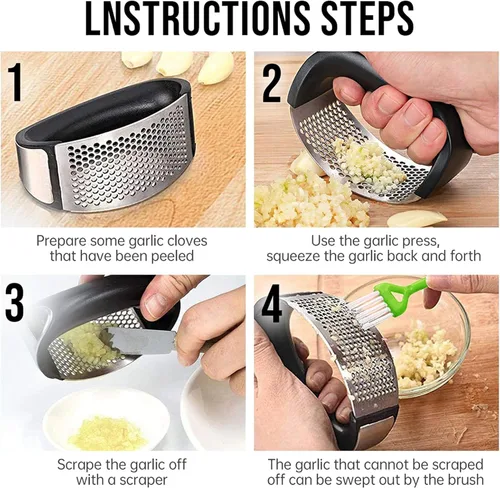 Miniatura 6 de Mecedora de prensa de ajo, trituradora de ajo de acero inoxidable, accesorios de cocina profesional, picadora de ajo con mango ergonómico, pelador