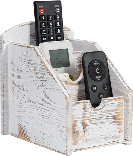 Miniatura 8 de Marco de control remoto de madera rústica de 3 ranuras, organizador de medios, estante de almacenamiento de suministros de oficina, caja de Gris