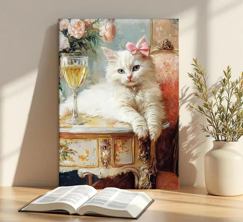 Miniatura 2 de Elegante lienzo vintage para pared, diseño de gato blanco caprichoso, divertido y retro, cuadro de carrito de bar, pintura ecléctica de animales