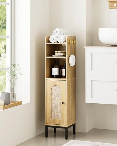 Miniatura 10 de Gabinete de Almacenamiento para Baño, Pequeño Mueble de Esquina de Piso con 2 Ganchos, Gabinete Estrecho para Papel Higiénico con Puerta de Ratán