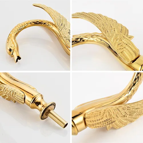 Miniatura 6 de Oro dorado adornado estilo cisne baño fregadero grifo combinado cubierta montaje fregadero mezclador grifo conjunto agua fría caliente