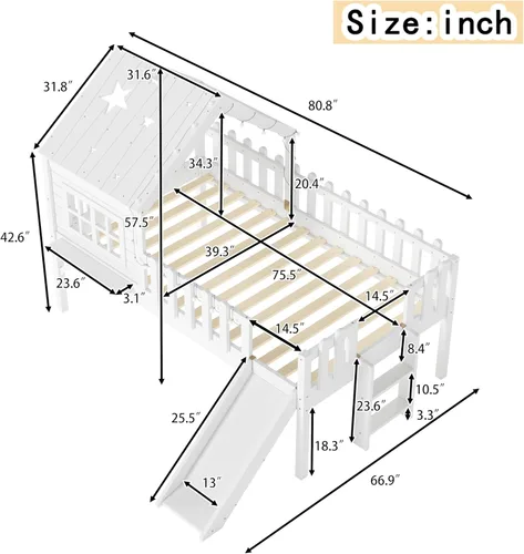 Miniatura 12 de Marco de cama de tamaño matrimonial para niños con escaleras, bonito techo y ventana en forma de estrella para niños y niñas, cama de plataforma