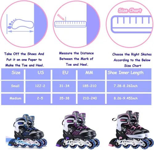 Miniatura 5 de Patines en línea para niños, niñas, niños, principiantes, 4 tamaños ajustables con ruedas iluminadas para niños.