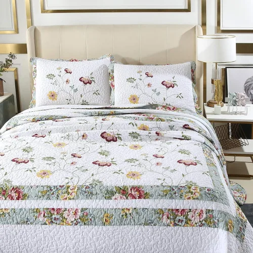 Miniatura 3 de vctops Juego de edredón bordado de algodón floral de 3 piezas, elegante, reversible, ligero, suave, con 2 fundas de almohada
