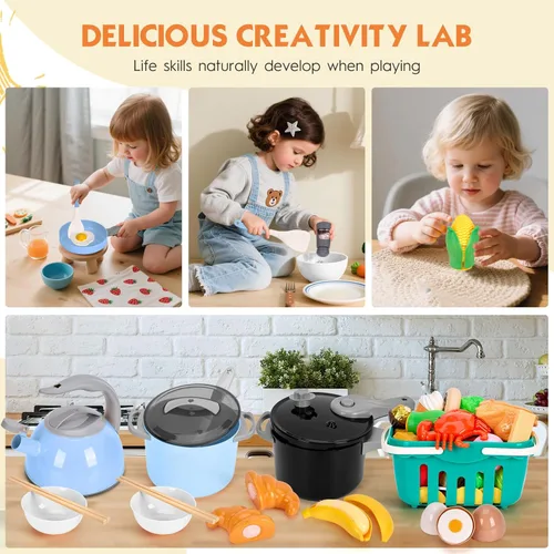 Miniatura 6 de 130 piezas de juego de cocina, ollas y sartenes de juego de simulación para niños pequeños, utensilios de cocina, alimentos diarios, frutas y Azul