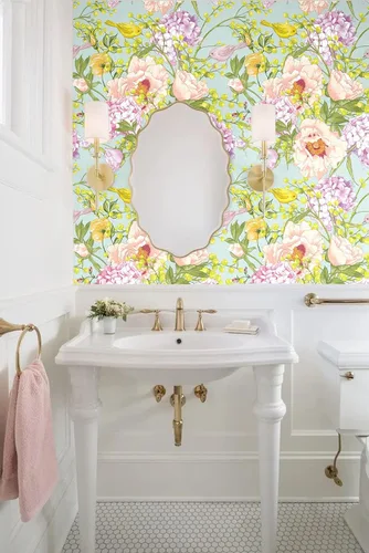Miniatura 3 de Blooming Wall DPY27 - Papel tapiz autoadhesivo removible con peonía beige de hortensias y pájaros de color morado claro, 14.5 pies cuadrados/rollo