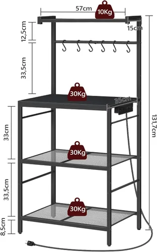 Miniatura 3 de MAHANCRIS Estante de panadería con toma de corriente, estante de almacenamiento para cocina con 6 ganchos, soporte para microondas