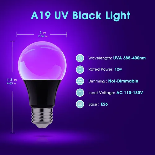 Miniatura 6 de Bombillas Briignite de luz negra, 12 W LED de luz negra para decoración de Halloween, foco de luz UV-A 385-400 nm, foco de luz negra A19 para UV