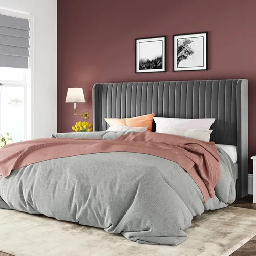 Allewie - Base de cama tamaño King con cabecera tapizada en terciopelo y diseño acanalado vertical; base de cama tapizada en plataforma; no necesita