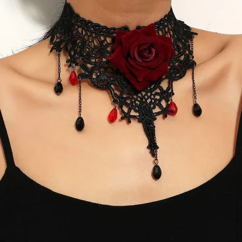 Miniatura 3 de Gargantilla gótica de encaje negro rosa roja para mujer, Zinc, No es una piedra preciosa