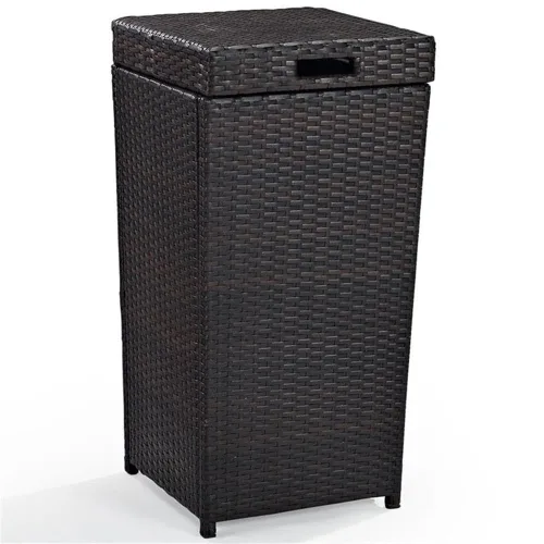 Pemberly Row Cubo de basura de mimbre para exteriores, 32.13 pulgadas de altura, mimbre de resina y marco de acero, resistente a los rayos UV, tapa