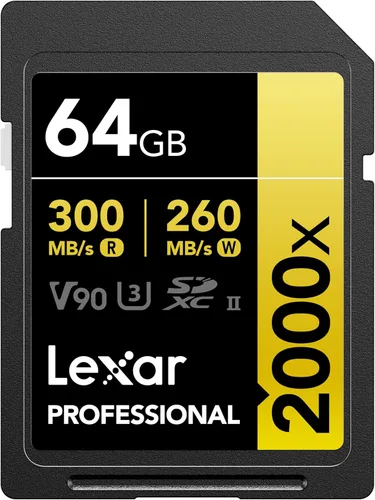 Lexar 64GB Tarjeta SD Profesional 2000x, UHS-II, C10, U3, V90, Full HD, 8K, hasta 300MB/s de lectura, Tarjeta de memoria SDXC, para cámaras DSLR,
