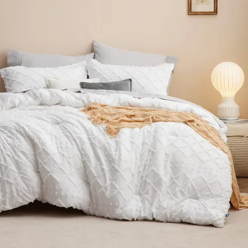 Miniatura 16 de Bedsure Juego de Edredón Tamaño Twin – Edredón beige, ropa de cama Boho con mechones estilo shabby chic para niños, juego de ropa de cama vintage
