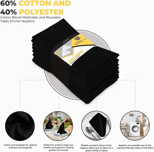Miniatura 3 de Utopia Kitchen Servilletas de tela negra, paquete de 288 (18 x 18 pulgadas), servilletas de grado comercial a granel, mezcla de algodón absorbente