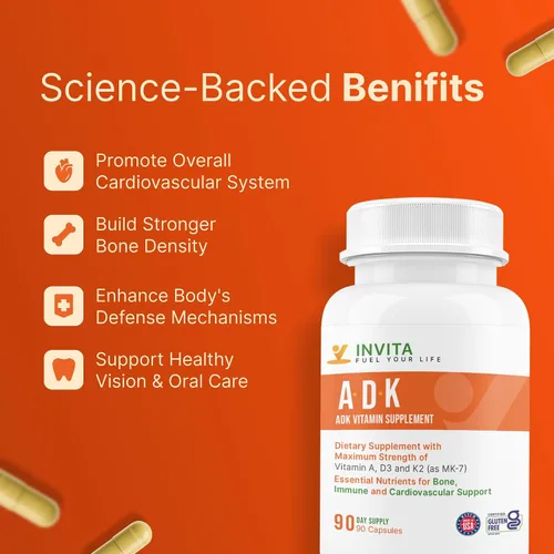 Miniatura 5 de INVITA, Suplemento vitamínico ADK – 90 cápsulas – Alta potencia de vitamina A, D3 5000 UI y K2-MK7 – Médico formulado para apoyo óseo, corazón e