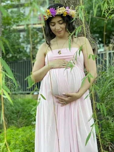 Miniatura 5 de Vestido de maternidad sin tirantes para mujer, con hombros descubiertos, para fotografía, vestido de gasa con abertura frontal para sesión de fotos