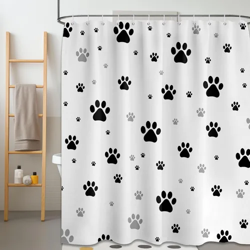 Miniatura 12 de Cortina de ducha con estampado de patas, perro y gato, decoración divertida de baño para niños, tela impermeable con ganchos