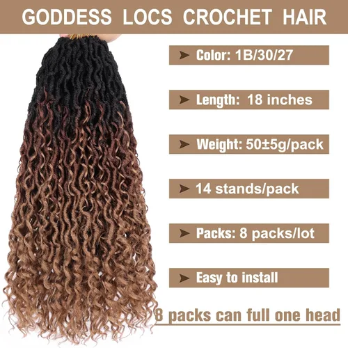 Miniatura 2 de COOKOO 18 pulgadas New Goddess Locs Crochet Hair 8 paquetes Ombre 3 tonos, onduladas, pelo sintético con rizos, trenzas de ganchillo rizadas