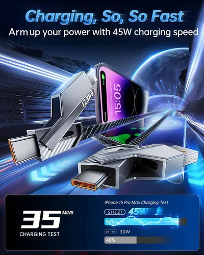 Miniatura 6 de Cable USB C ultra corto 4 en 1 de 0.6 pies compatible con cable Lightning [carga rápida y transferencia de datos] cable de carga plano trenzado