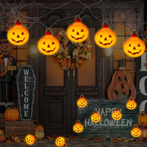 Miniatura 7 de Couah Guirnalda de luces LED de calabaza de Halloween, luces de linterna Jack O de 8.5 pies con 10 calabazas enchufables, impermeables