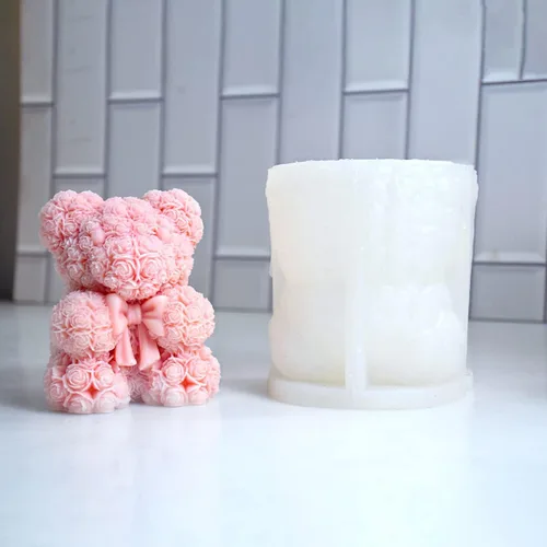Miniatura 2 de Cestony Oso de rosas 3D de 4.4 x 3.93 pulgadas con pajarita, moldes de silicona para hacer velas, pilar de resina, velas de aromaterapia, cera