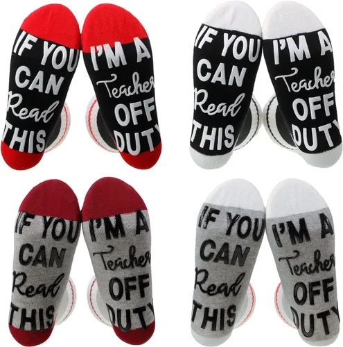 4 pares de calcetines de agradecimiento para profesores, regalos de graduación con texto en inglés "If You Can Read This I'm a Teacher Off Duty",