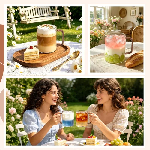 Miniatura 5 de Juego de 2 tazas de café de vidrio de borosilicato transparente de 16 onzas con mango tejido estilo ratán, taza de café de granja para café