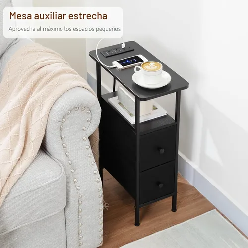 Miniatura 4 de LOAKEKEL Mesita de noche estrecha con estación de carga, mesas auxiliares para sala de estar, juego de 2, mesa auxiliar delgada con cajones de tela