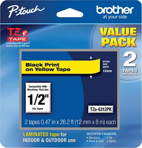 Brother - Cinta adhesiva estándar laminada Genuine P-Touch, TZe-6312Pk, para interiores o exteriores, resistente al agua, paquete individual, 1/2