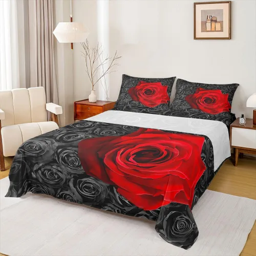 Miniatura 28 de Erosebridal Ropa de cama de 3 piezas de rosa roja, tamaño individual, sábana bajera y sábana encimera para mujeres y niñas, estampado de momentos