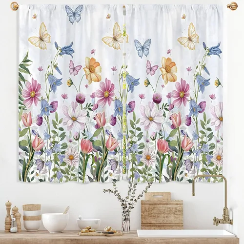 Cortinas de cocina con flores coloridas de primavera en acuarela de 26 pulgadas de ancho x 30 pulgadas de largo, 2 paneles de flores silvestres de