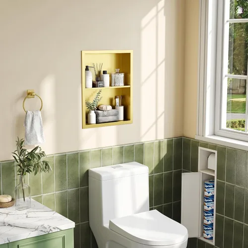 Miniatura 3 de Qeke 14x18 Botiquín de Medicina Empotrado, Botiquín de Medicina Sin Espejo, Nicho de Pared de Acero Inoxidable 304 con Dos Estantes, Dorado Cepillado