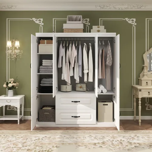 Miniatura 4 de Armario Armario Armario: Armario grande de madera blanca para dormitorio, armario de madera con 4 puertas, 2 cajones, armario alto con estantes y 2