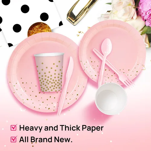 Miniatura 6 de 211 servilletas de oro rosa, suministros de fiesta para 30 invitados, platos desechables de papel, postres, servilletas, vasos, cubiertos y mantel