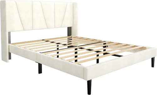 Miniatura 8 de Sismplly Base de cama tamaño Queen con cabecera, cama tamaño Queen tapizada en terciopelo con plataforma y respaldo, base de colchón con soporte