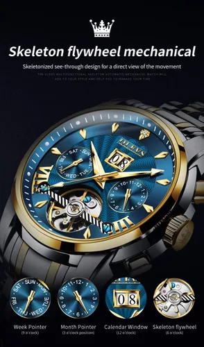 Miniatura 3 de OLEVS Relojes de cuerda automática para hombre, reloj mecánico automático Tourbillon de acero inoxidable con doble calendario, impermeable, luminoso