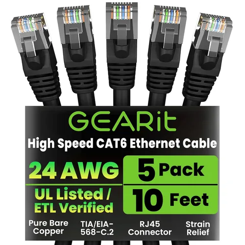 Miniatura 33 de Paquete de Cable Ethernet Cat 6 GEARit - Pack de 10 cables de conexión Ethernet Cat6 de 15 pies Cable de conexión de red RJ45, conectores dorados