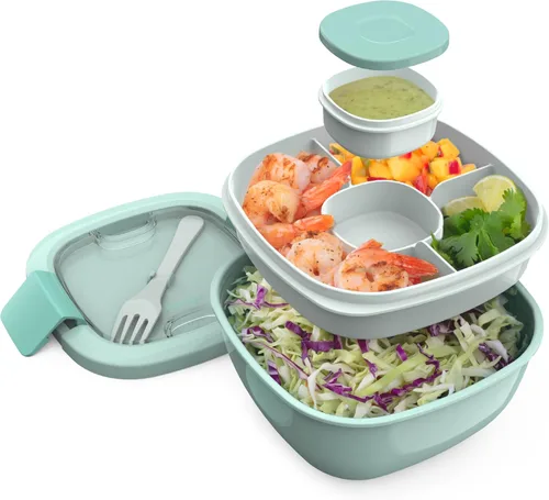 Miniatura 13 de Bentgo Recipiente para ensalada – Tazón de 54 onzas con bandeja de 4 compartimentos para aderezos, recipiente a prueba de fugas, tenedor Caqui Verde