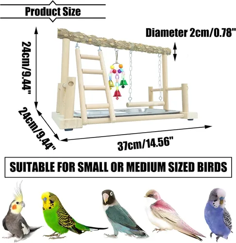 Miniatura 7 de PINVNBY Parque infantil para pájaros, soporte de madera para ejercicio, perca, gimnasio, escalera, con comedero, columpio, juguetes para periquitos