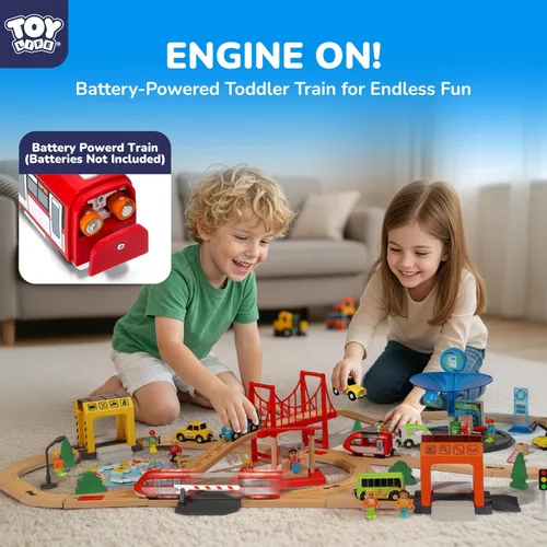Miniatura 5 de TOY Life Juego de Tren de Madera para Niños Pequeños de 2-4 Años, 119 Piezas Juguetes de Tren de Ciudad con Vías de Tren de Madera, Juego de Tren