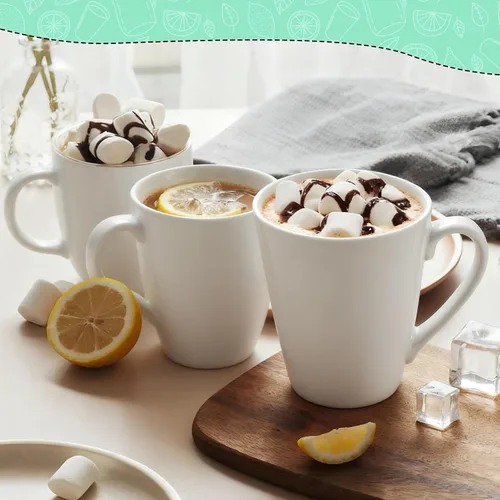 Miniatura 5 de Juego de tazas de café de 10 onzas, 4 tazas de café de cerámica blanca lisa, tazas de porcelana con asa, taza en forma de V para café con leche