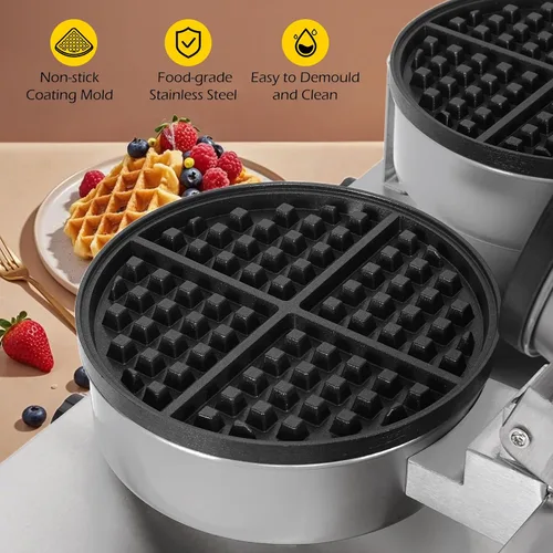 Miniatura 2 de Dyna-Living Máquina de gofres doble de 2400 W, para restaurante, antiadherente, redonda, waflera comercial, máquina de gofres grande para hotel