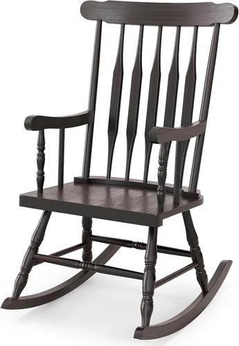 Tangkula Silla mecedora de patio de madera de goma sólida, silla mecedora de porche exterior con marco de madera de goma, silla mecedora de madera