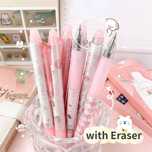 Miniatura 3 de 6 bolígrafos kawaii borrables con borradores, bonitos bolígrafos de gel con estampado de dibujos animados kawaii de 0.020 in, bolígrafos de tinta