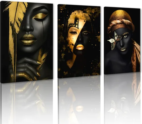 Miniatura 39 de MAMAGO Lienzo decorativo para pared, pintura de belleza dorada y negra, fotos de mujeres africanas, hermosos pósteres de mujer negra, impresiones