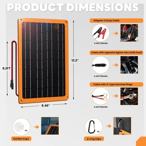 Miniatura 9 de FieryRed Cargador y mantenedor de batería de coche con panel solar de 10 W y 12 V, cargador de goteo impermeable con controlador integrado, enchufe