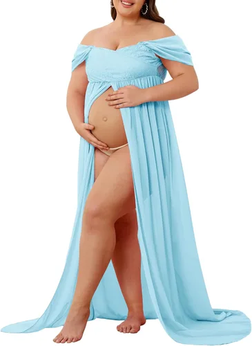 Miniatura 3 de Vestido de maternidad para sesión de fotos con hombros descubiertos, vestido de gasa con abertura frontal, maxi vestidos de embarazo para fotografía